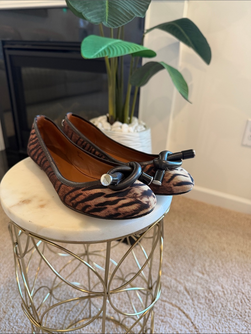 Leather-Trim Brown Tiger-Print Women’s Ballet Flats